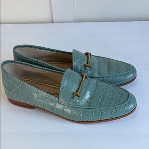 Sam Edelman Loraine Teal Blue Croc Embossed Horse Bit Loafers
